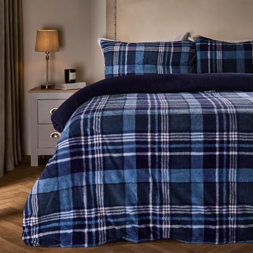 OHS Teddy Fleece Duvet Set Superking, Christmas Winter Fluffy Cosy Tartan Check Sherpa Reversible Superking Duvet Set Super Soft Warm Thermal Teddy Bear Bedding with Pillowcases, Navy