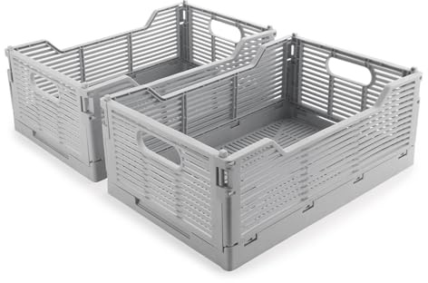 Vivikivi 2-Pack Collapsible Crates Storage Boxes, 30.5x20.5x12.5cm, Grey | Stackable Plastic Foldable Storage Boxes Baskets, Space-Saving Foldable Crate for Home Classroom Office Kitchen Bedroom