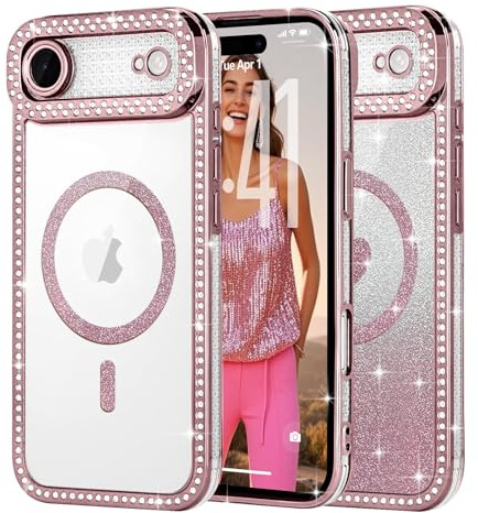 Ethanger Magnetic Glitter Case for iPhone AIR, Bling Border, Pink | Compatible with MagSafe, Sparkle Rhinestone Border, with Removable Glitter Insert, Protective Shockproof for Women Girls