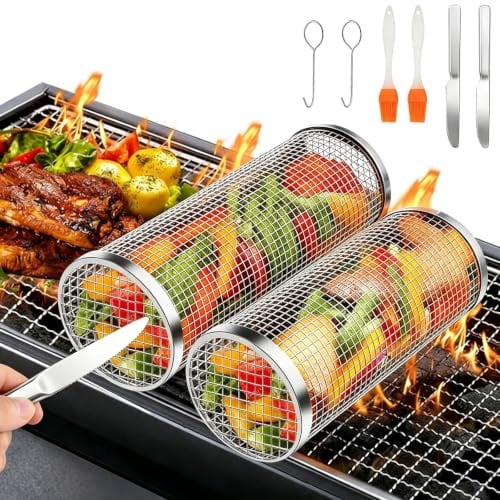 YGVQN Cesta de Asar Rodante 2 Piezas, Cilíndrica Acero Inoxidable 304 con Soporte y Cepillo, para Verduras, Patatas Fritas, Pescado, Accesorios Portátiles Barbacoa Exterior, Regalo Hombre o Papá