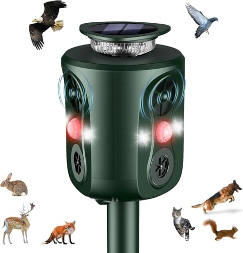 Katzenschreck Ultraschall Solar Tiervertreiber, 360° Marderschreck mit LED-Licht Katzenabwehr Marderabwehr Garten IP66 Wasserdicht 5 Modus Waschbär Abwehr für Katzen Hunde Marder Mäuse Vögel