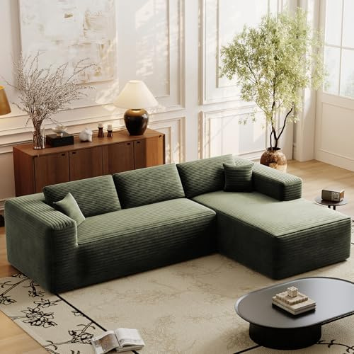 A ALFRESCOOL 275cm Ecksofa Modulares Sofa, Boneless Couch, L Sofa mit Schlaffunktion, Cord mit Tiefer Sitzfläche, Breiten Armlehnen, für Wohnzimmer, Wohnungen, 275×178×80cm (Rechte Seite, Grün)