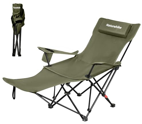 Naturehike Chaise de camping pliable 2 en 1 - 150 kg - Avec repose-pieds - Avec dossier réglable à 3 positions - Avec porte-gobelet - Pour extérieur, plage, pêche (vert)