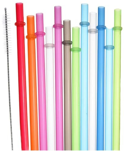 12PCS Reusable Plastic Straws, Extra Long Clear Drinking Straws | 12 clear reusable drinking straws with cleaning brush, ideal for tumblers, mason jars and everyday home use.