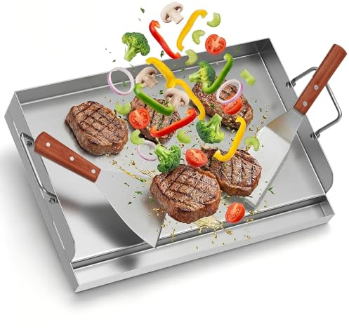 BugyKido Edelstahl Grillplatte [47 x 32cm], Große BBQ Plancha Grillplatte Inkl. 2 Spatel, mit Griff & 3cm Hohem Fettauffangrinne, für Gasgrill & Kohlegrill