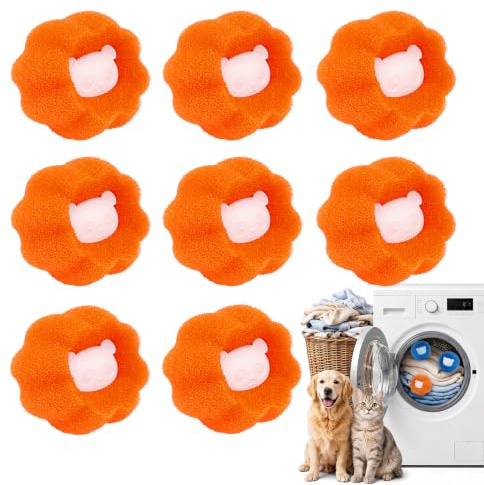 Pet Hair Remover Washing Machine – 8PK Laundry Lint Catcher (Orange) | Reusable Pet Hair Catcher Effectively Removes Cat & Dog Hair, Lint & Dust from Clothes, Bedding