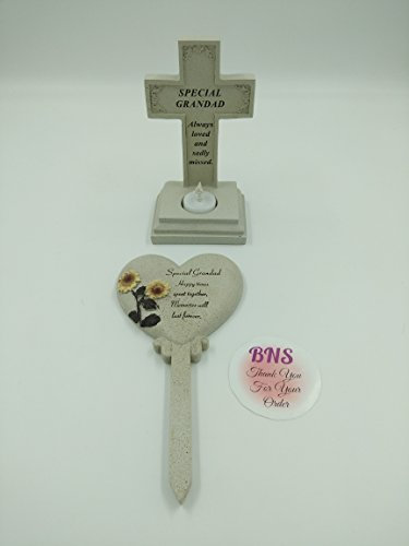 David Fischhoff Grandad cross tealight holder and garden/grave heart stake bundle