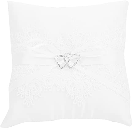 AUNMAS Ringkissen Hohl Satin Spitze Perle Doppel Herz Hochzeit Ringkissen Quadratische Form Ringkissen Dekoration Elfenbein Kissen Träger für Strandhochzeitsfeier Zeremonie
