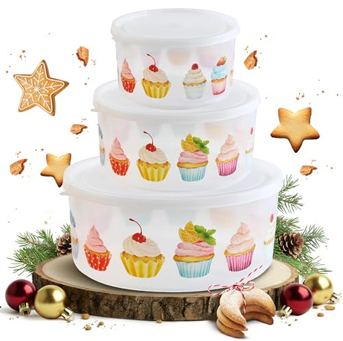 MiraHome Keksdosen 3er Set transparent mit Cupcakes-Design (1,5l/2,5l/5l) – Runde Plätzchendosen – Ideal als Keksdose für Weihnachten – Plätzchendose für die Weihnachtszeit