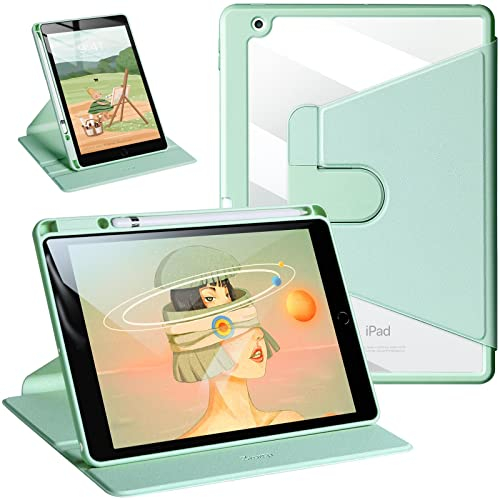ZtotopCases Custodia per iPad 9a/8a/7a Generazione 2021,Copertura Anteriore in Pelle PU Premium,PC Traslucido Coperchio Posteriore,360 Gradi di Rotante Cover con Portapenne per iPad 10.2 Pollici,Verde