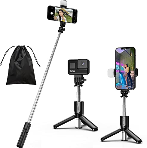 Eono Selfie Stick, 4 in 1 Mini Selfie Stick Tripod with Light, Extendable and Portable Stable Tripod Stand with Detachable Wireless Remote Compatible with iPhone/GoPro/Galaxy/Camera
