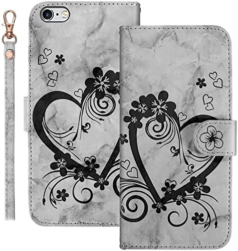 AOSBUTURY Handyhülle Tasche Book Cove für iPhone 6/iPhone 6S (4.7 Zoll) Hülle Blume Liebe Herz Muster Marmor PU Leder Klapphülle Brieftasche Schutzhülle Etui Flip Case,Schwarz