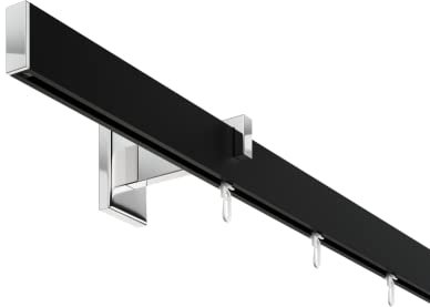 DécoProfi Gardinenstange Innenlauf 1-läufig Set Short rechteckig Schwarz/Verchromt I Länge: 120cm Aluminium für Wandmontage I Als Gardinenschiene & Vorhangstange geeignet