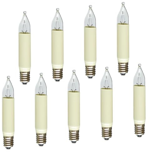 Erzgebirgslicht - AUSWAHL - 9 Stück Kleinschaftkerze 8V 3W E10 für 30 Brennstellen Ersatzbirne Glühbirne Minischaftkerze Glühlämpchen für Lichterketten Pyramide und Schwibbogen (keine LED!)