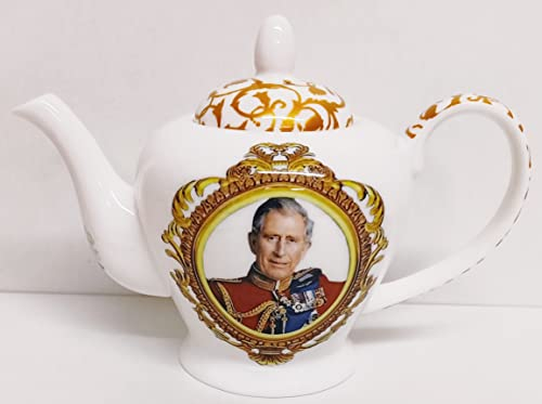 HM King Charles III Teapot Fine Bone China 500ml 17.5fl oz Small Teapot Coronation Commemorative Hand Decorated UK