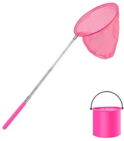 Kids Telescopic Butterfly Net Fishing Net Pond Net Extendable (14.5 to 33.8 Inches) With 1 Pack Folding Bucketfor Kids Catching Bugs Insect Small Fish Outdoor Beach Garden Activities (Pink)