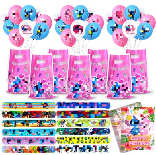 64 Stück Lio Stitch Party Mitgebsel, Kindergeburtstag Mitgebsel Set, Einladungskarten Kindergeburtstag + Plastik Klein Geschenk + Latexballons + Schnapparmband für Kinder Geburtstags Party