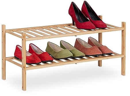 Relaxdays Schuhregal, Bambus, 6 Paar Schuhe, HxBxT: 32 x 68,5 x 28 cm, mit 2 Ablagen, schmal, Schuhständer Flur, Natur