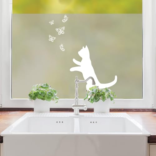 Wandtattoo Loft Sichtschutzfolie Fenster mit Katze und Schmetterlingen Motiv, Fensterfolie Blickdicht, Milchglasfolie Fenster, Fensterdeko Selbstklebende Folie, Fenster Dekoration, Fenster Klebefolie