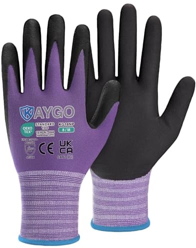 KAYGO Safety Work Gloves MicroFoam Nitrile Coated 3 Pairs, KG18N, Seamless Knit Nylon Glove with Abrasion and Oil Resistant Grip, Ideal for General Purpose, Automotive, DIY (Medium, Purple)