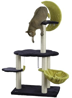 THE LICKER STORE CTR1003A Aurora 49 3-Tier Modern Sisal Moon and Stars Cat Tree with Scratching Posts, Basket, and Fuzzy Bell Toys, Navy/Yellow/White