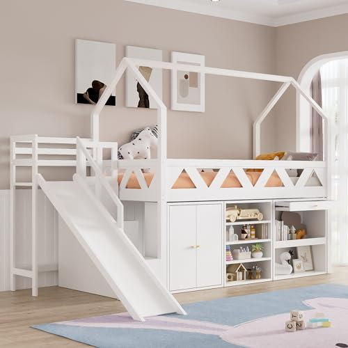 Idemon Cuna, cama individual, cama infantil multifuncional, con tobogán y escaleras, con cajones y taquillas, con puerta magnética, sin colchón, madera maciza, blanco, 90 x 200 cm