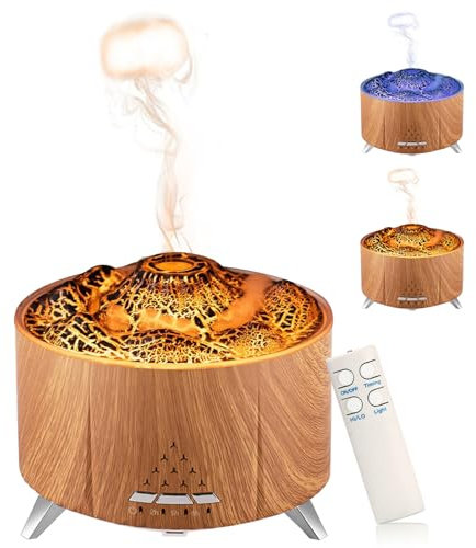 Volcano Humidifier Flame Diffuser: 350ml Super Quiet Oil Diffuser Waterless Auto-Off Humidifier with 2 Modes Fire Mist Remote Control Desk Aroma Diffusers for Home,Office (Wood Grain)