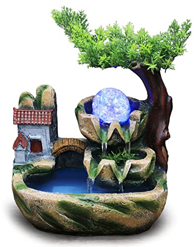 Zimmerbrunnen mit LED Beleuchtung, Kleine Wasserfontäne mit Pflanzen Fogger Lampe, Tischbrunnen Wasserfall Dekor mit Farbwechselnde Lichter