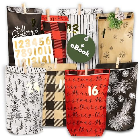 Amari ® Adventskalender zum Befüllen Nr. 21 Holidays - 24 Papier Adventstüten (mit Holzklammern) zum Basteln für Weihnachten - Papier Weihnachtstüten