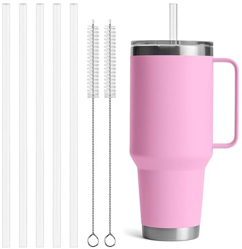 Reusable Straws for YETI Rambler Tumbler, Replacement Straws Compatible with YETI Tumbler 42 oz Cup, Clear Transparent Straight Drinking Straws, Set of 5 Reusable Straws with 2 Cleaning Brushes