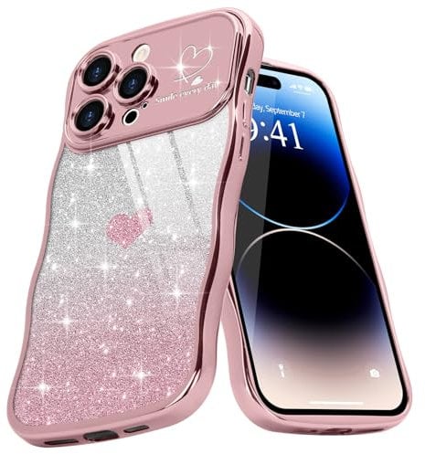 Teageo Cute Heart Pattern Curly Phone Case for iPhone 14 Pro, Wave Frame Glitter Case for Girls Women Aesthetic Bling Cover Shockproof Soft TPU Bumper for iPhone 14 Pro, Pink