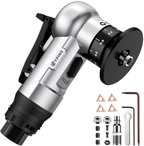 EYPINS Pneumatische Anfasmaschine, Handheld Luftbetriebene Anfaswerkzeug 45° Bogenecke, 30000 U/min mit C&R-Winkelklingen, Mini Druckluft Fasenmaschine für Gerade Kante/Arc Trimmen un Entgraten|Silber