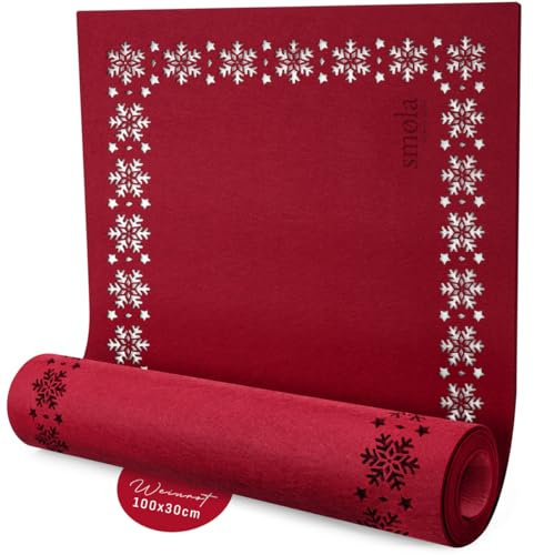 smøla Design Tischläufer aus Filz Rot – 100x30 cm Schneeflocken Motiv I Winter & Weihnachts Deko für Esstisch oder Wohnzimmertisch, Modernes Design