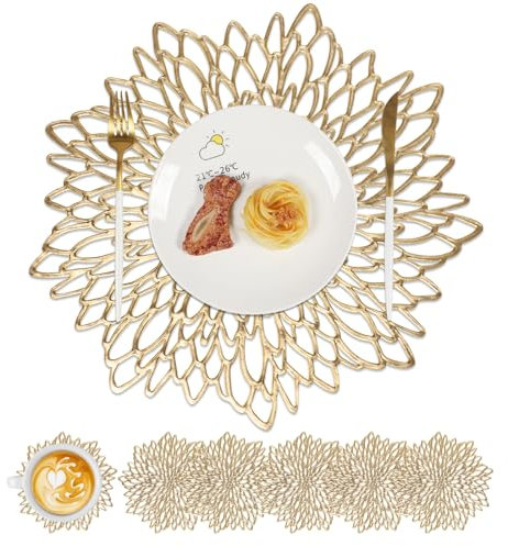 Famibay Place Mats and Coasters Set of 6 Round Gold Placemats Washable Heat Resistant Table Mats Christmas Vinyl Placemats for Dining Kitchen Restaurant Table