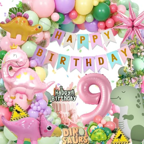 Geburtstagsdeko Dinosaurier Party Dekoration Rosa, Macaron Ballon Girlande Set mit Happy Birthday Banner für Geburtstagsfeier, Happy Birthday Deko, Dinosaurier Macaron Ballon Geburtstag Deko-9.