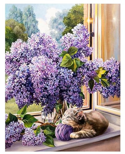 DCIDBEI Diamond Painting Lila Blumen 40x50cm Malen nach Zahlen Blumen Hyazinthe Diamant Painting Bilder Blume Katze Diamond Painting Fensterbild Frühling Flowers Painting by Numbers Flower Purple