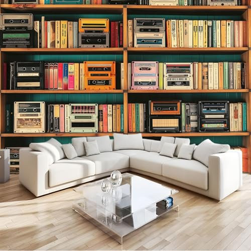 Vlies Fototapete Bücherregal Kassetten Retro 400x280 cm Art Mauer VliesTapete Wandtapete Wanddeko Wand Wohnzimmer Schlafzimmer Wohnung Wandbilder