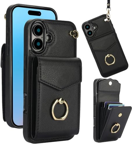 Knoowcase for iPhone 16 Case Shockproof Wallet with Card Holder Slots Ring Wrist Strap PU Leather Shell RFID Blocking Kickstand Magnet Full Protective Cover for iPhone 16, Black