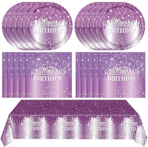 LOIYSHINE 41 PCS Purple Birthday Decorations: 20 Purple Plates, 20 Napkins, 1 Tablecloth - Perfect for Girl Women Wedding Birthday Parties