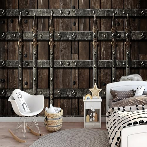 250 x 175 cm Non-Woven Wallpaper Vintage Medieval Metal Door Wallpaper Brown Wall Decorate for Bedroom Living Room Offices