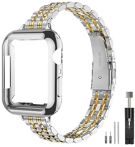 MANENWVO Metall Armband Kompatibel mit Apple Watch Armband 41mm 45mm 42mm 44mm 40mm 38mm Slim Uhrenarmband mit iWatch Serie 9/8/7/6/5/4/3/2/1, SE (Silber und Gold, 38mm 40mm 41mm)