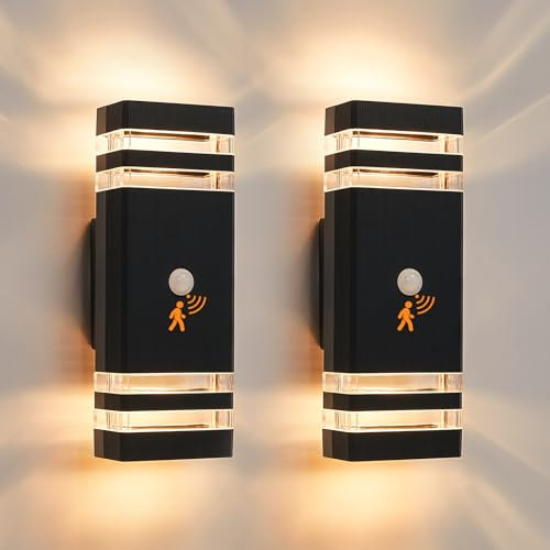 CELAVY Up Down Outside Lights with Motion Sensor, PIR Outdoor Wall Light Mains Powered, IP65 Front Door Porch Light Electric, Security GU10 Modern LED External Exterior Lamp for House 2 Pack, Black