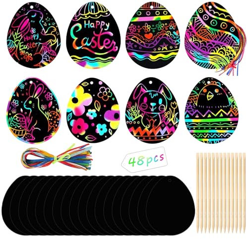 48 Stück Ostern Kratzbild, Ostereier Basteln Kratzbilder für Kinder, Ostern Scratch Painting, mit 48 Stück Holzstäbchen und 48 Stück Bunte Bänder, für Ostern Anhänger Dekoration DIY Handwerk