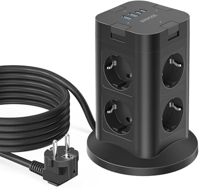 12 in 1 Steckdosenleiste mit 4 USB (2 Type-C), 8 Fach Mehrfachstecker mit Einzeln Schaltbar, Steckdosenleiste Überspannungsschutz, Verteilersteckdose 2M Kabel für Zuhause, Büro, Schwarz