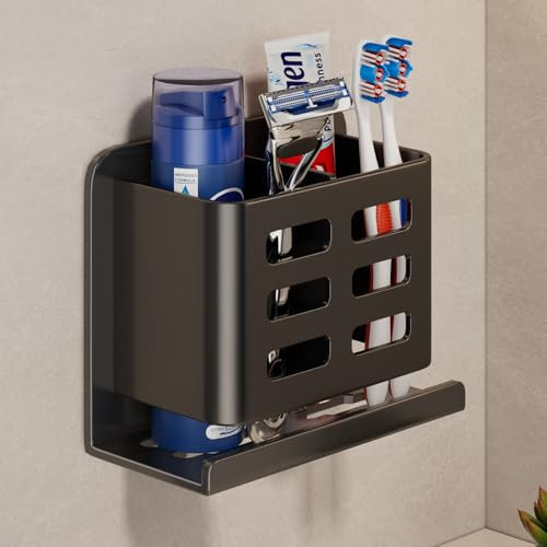 YESENT Porte-Brosse à Dents Mural Noir, Support de Rangement pour Rasoir de Douche en Aluminium, Aucun perçage requis, Support de Rangement Amovible pour Dentifrice