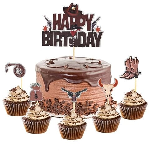 Ovanda 6 Stück Happy Birthday Tortendeko, Western Cowboyhut Tortendeko, Happy Birthday Kuchendeko für Kindergeburtstag, Party, Muffin, Kuchen Topper, Kuchendeko Geburtstag Junge Western Cowboyhut Deko