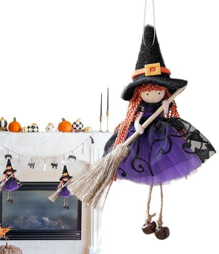 Adorno de muñeca de bruja colgante | Figura de bruja pequeña de Halloween con falda de gasas, muñeca de hechicera con escoba, decoración colgante de Halloween, para decorar puertas y ventanas de casas