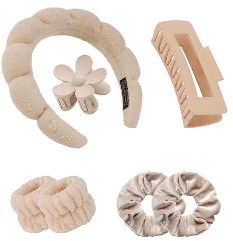 Aayans Spa Headband for Women, Black Sponge Hair Band, Face Wash Head Band, 6 Pack (Brown-Khaki, One Size)