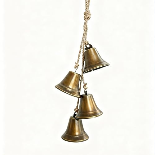 Peziang 4Pcs Vintage Handmade Cow Bell Cluster - Metal Bells on 40cm Jute Rope, for Christmas Decor, Wedding, Farm Livestock & Home Wall Hanging