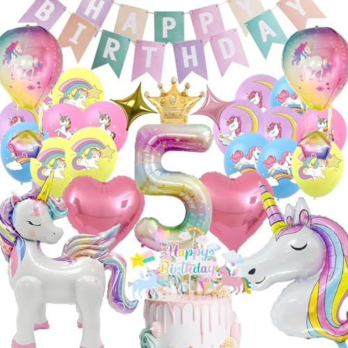 Einhorn Luftballons Geburtstagsdeko Set für 5. Geburtstag Mädchen | Einhorn Folienballons Deko, mit Latexballon, Tortenauflegern, Happy Birthday Girlande, für Party Dekoration, Kindergeburtstag